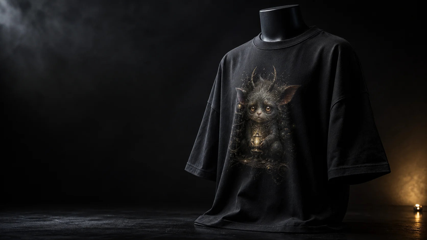 Black heavyweight drop-shoulder graphic tee with a mystical creature chest print in a dark studio